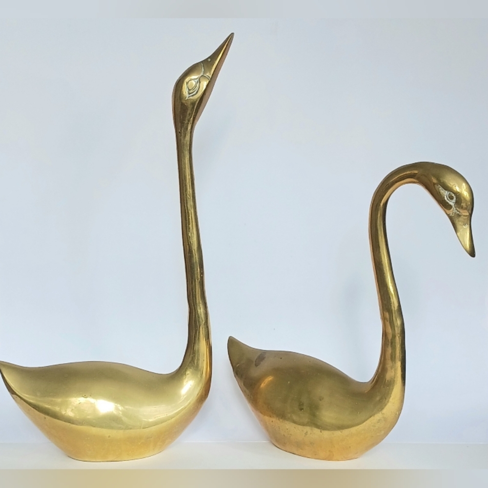 Brass Swan Statues Extra Large Set of 2 Birds 12" and 16" Tall Geese Vintage